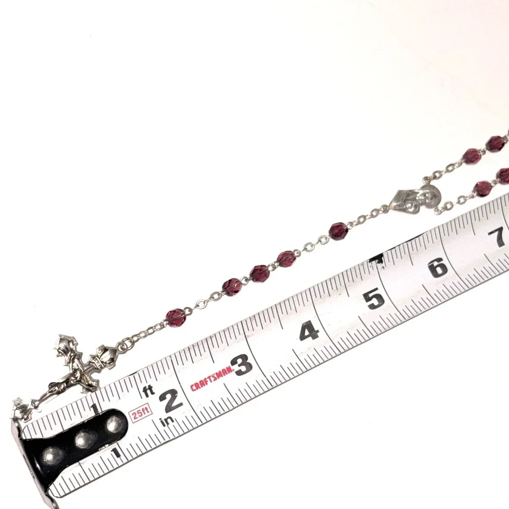 Purple Amethyst Faceted Glass Bead Rosary Silver Tone Crucifix Virgin Mary 18.5